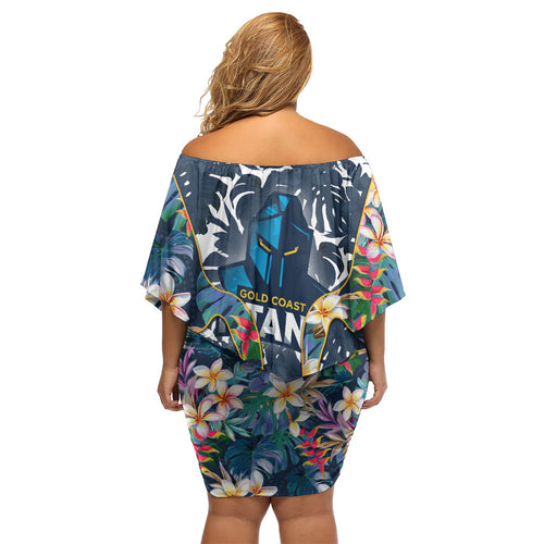 Gold Coast Titans Family Matching Off Shoulder Short Dress and Hawaiian Shirt Tropical Hibiscus Floral Pattern With Blue And Yellow Accents
