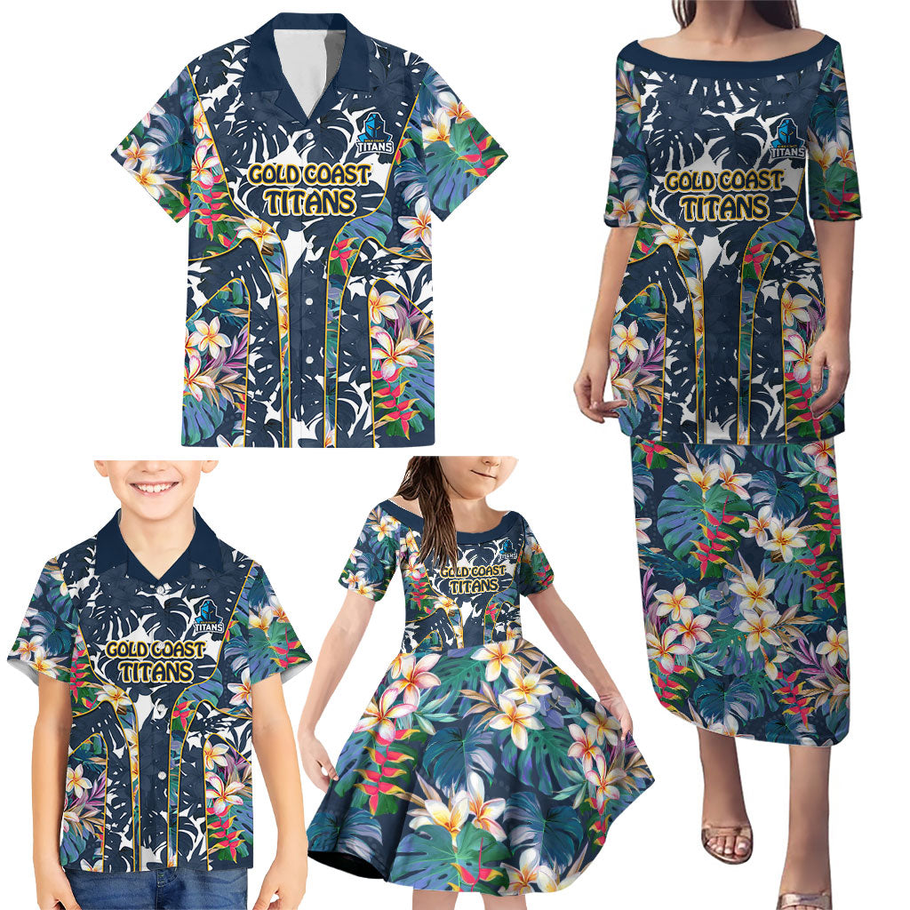 Gold Coast Titans Family Matching Puletasi and Hawaiian Shirt Tropical Hibiscus Floral Pattern With Blue And Yellow Accents