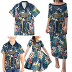 Gold Coast Titans Family Matching Puletasi and Hawaiian Shirt Tropical Hibiscus Floral Pattern With Blue And Yellow Accents