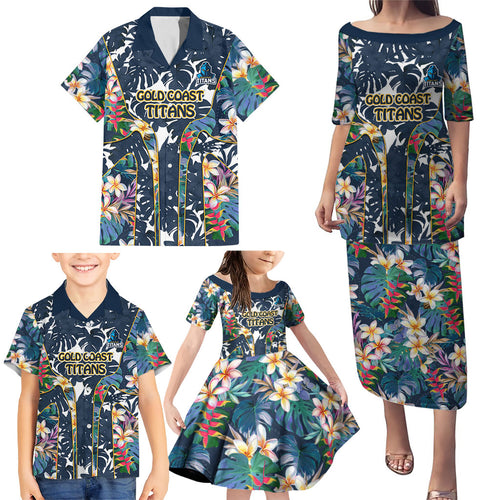 Gold Coast Titans Family Matching Puletasi and Hawaiian Shirt Tropical Hibiscus Floral Pattern With Blue And Yellow Accents