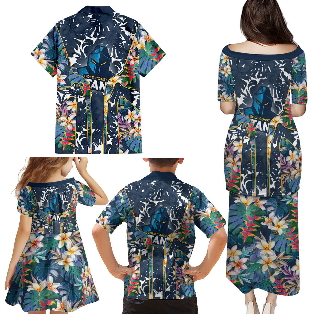 Gold Coast Titans Family Matching Puletasi and Hawaiian Shirt Tropical Hibiscus Floral Pattern With Blue And Yellow Accents