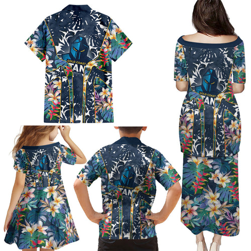Gold Coast Titans Family Matching Puletasi and Hawaiian Shirt Tropical Hibiscus Floral Pattern With Blue And Yellow Accents