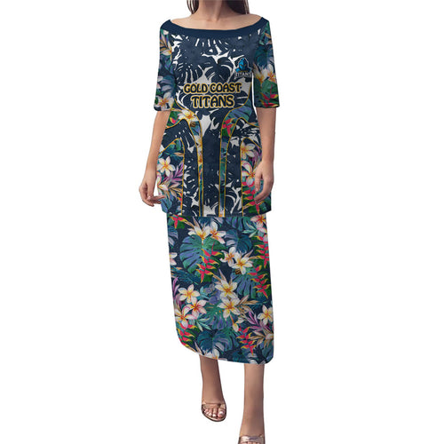 Gold Coast Titans Family Matching Puletasi and Hawaiian Shirt Tropical Hibiscus Floral Pattern With Blue And Yellow Accents