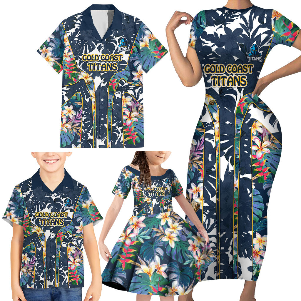 Gold Coast Titans Family Matching Short Sleeve Bodycon Dress and Hawaiian Shirt Tropical Hibiscus Floral Pattern With Blue And Yellow Accents