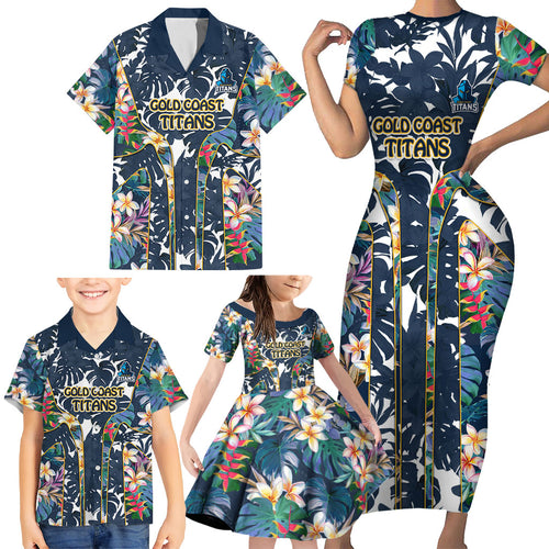 Gold Coast Titans Family Matching Short Sleeve Bodycon Dress and Hawaiian Shirt Tropical Hibiscus Floral Pattern With Blue And Yellow Accents