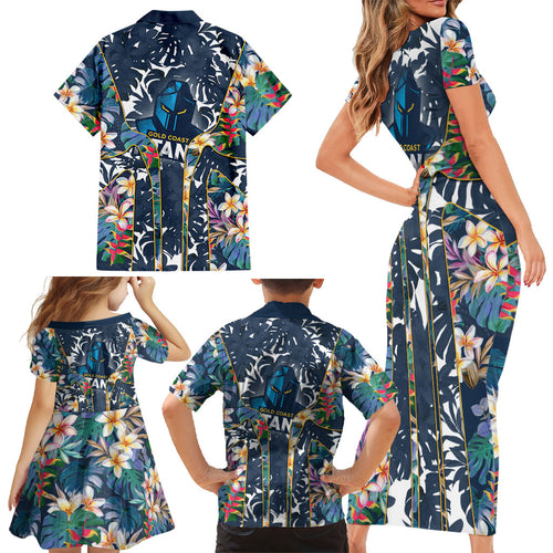 Gold Coast Titans Family Matching Short Sleeve Bodycon Dress and Hawaiian Shirt Tropical Hibiscus Floral Pattern With Blue And Yellow Accents