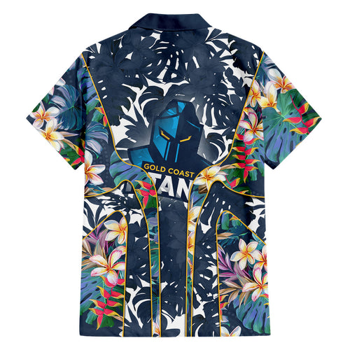 Gold Coast Titans Family Matching Short Sleeve Bodycon Dress and Hawaiian Shirt Tropical Hibiscus Floral Pattern With Blue And Yellow Accents