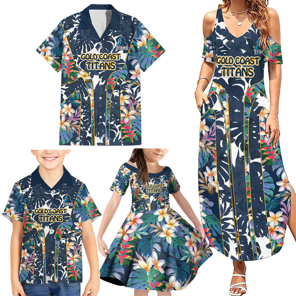 Gold Coast Titans Family Matching Summer Maxi Dress and Hawaiian Shirt Tropical Hibiscus Floral Pattern With Blue And Yellow Accents