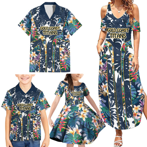 Gold Coast Titans Family Matching Summer Maxi Dress and Hawaiian Shirt Tropical Hibiscus Floral Pattern With Blue And Yellow Accents