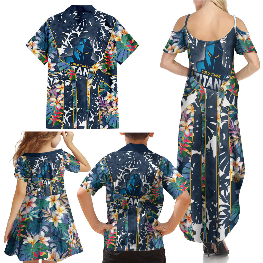 Gold Coast Titans Family Matching Summer Maxi Dress and Hawaiian Shirt Tropical Hibiscus Floral Pattern With Blue And Yellow Accents