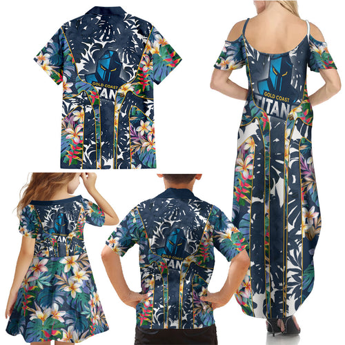 Gold Coast Titans Family Matching Summer Maxi Dress and Hawaiian Shirt Tropical Hibiscus Floral Pattern With Blue And Yellow Accents