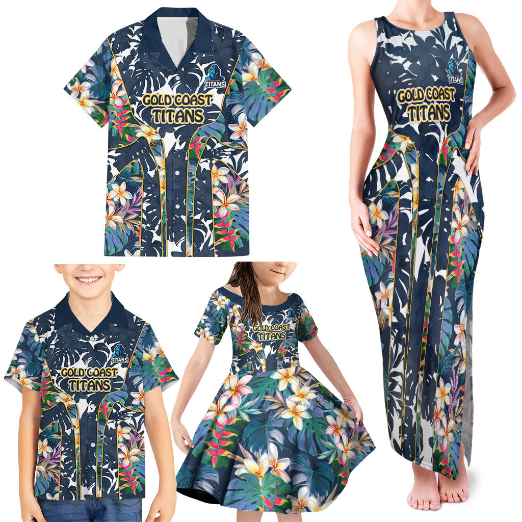 Gold Coast Titans Family Matching Tank Maxi Dress and Hawaiian Shirt Tropical Hibiscus Floral Pattern With Blue And Yellow Accents