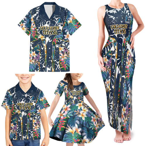 Gold Coast Titans Family Matching Tank Maxi Dress and Hawaiian Shirt Tropical Hibiscus Floral Pattern With Blue And Yellow Accents