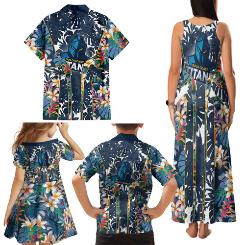 Gold Coast Titans Family Matching Tank Maxi Dress and Hawaiian Shirt Tropical Hibiscus Floral Pattern With Blue And Yellow Accents