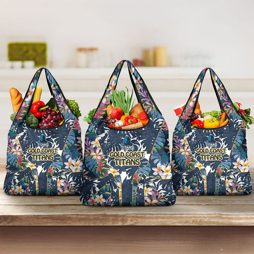 Gold Coast Titans Grocery Bag Tropical Hibiscus Floral Pattern With Blue And Yellow Accents