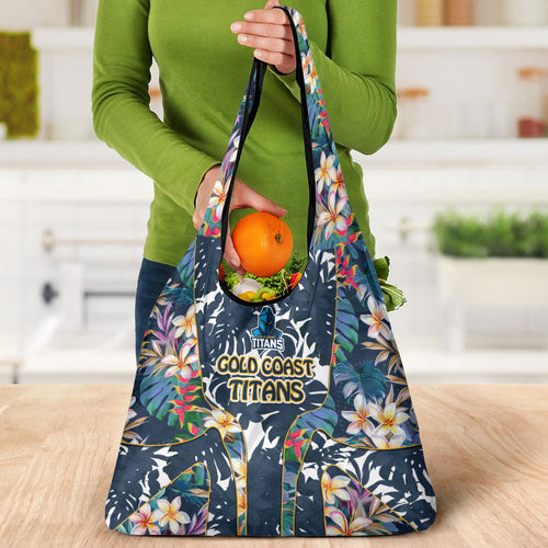 Gold Coast Titans Grocery Bag Tropical Hibiscus Floral Pattern With Blue And Yellow Accents