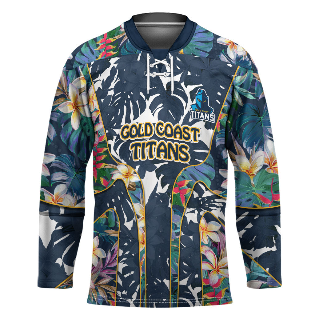 Gold Coast Titans Hockey Jersey Tropical Hibiscus Floral Pattern With Blue And Yellow Accents