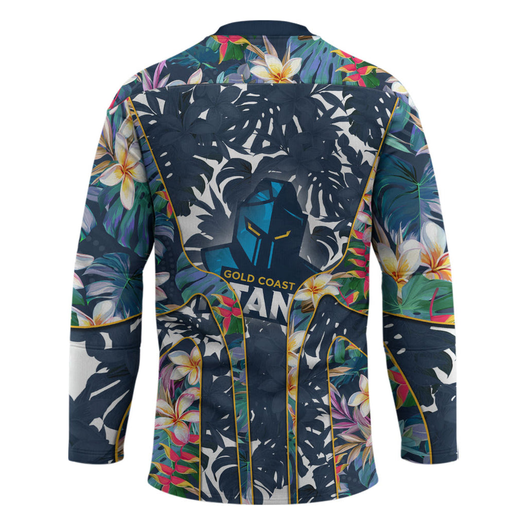 Gold Coast Titans Hockey Jersey Tropical Hibiscus Floral Pattern With Blue And Yellow Accents