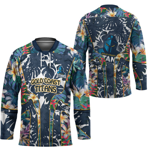 Gold Coast Titans Hockey Jersey Tropical Hibiscus Floral Pattern With Blue And Yellow Accents