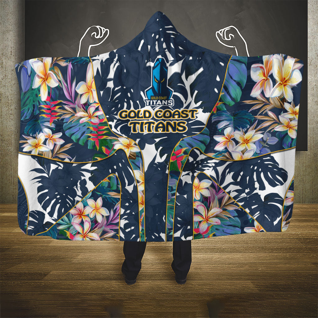 Gold Coast Titans Hooded Blanket Tropical Hibiscus Floral Pattern With Blue And Yellow Accents