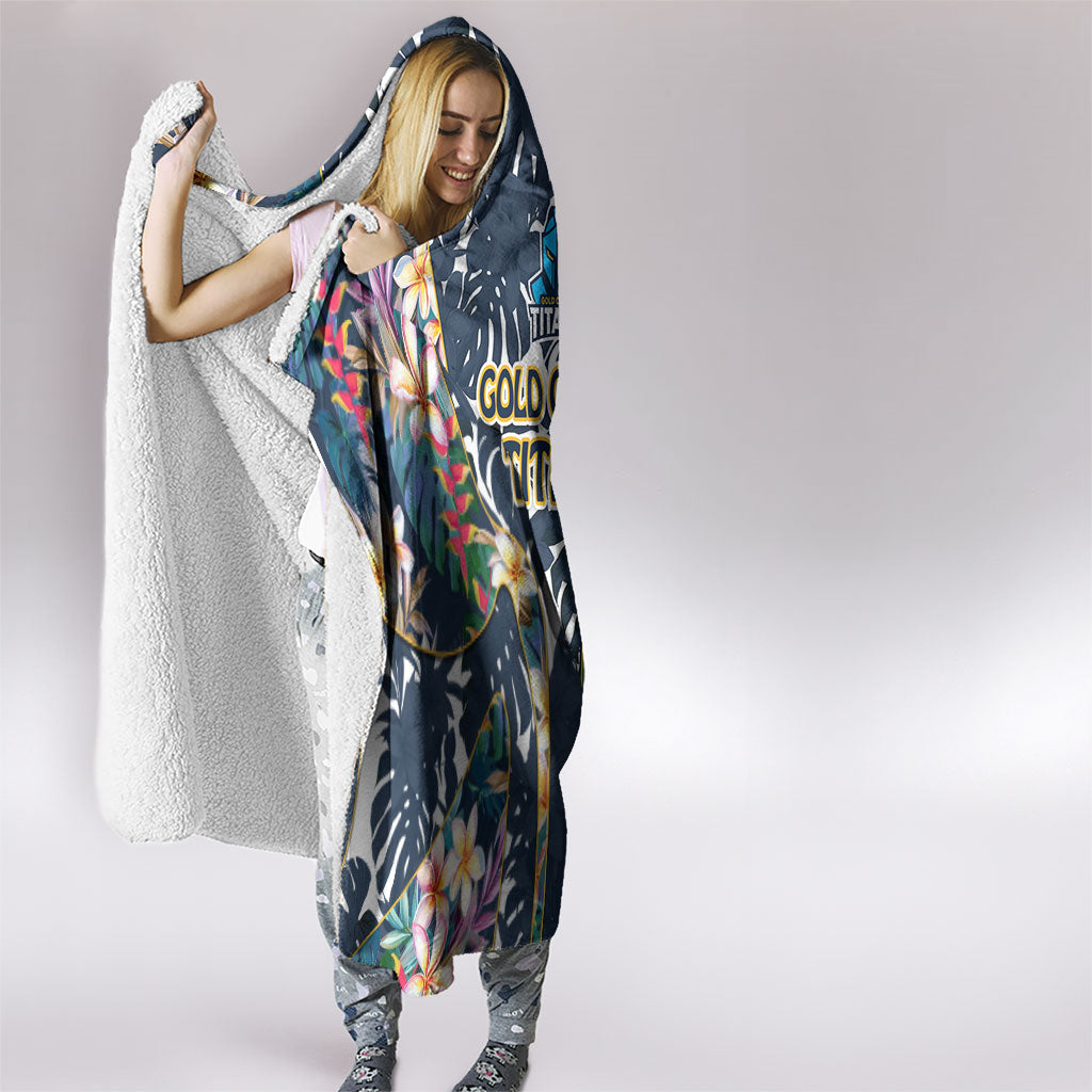 Gold Coast Titans Hooded Blanket Tropical Hibiscus Floral Pattern With Blue And Yellow Accents