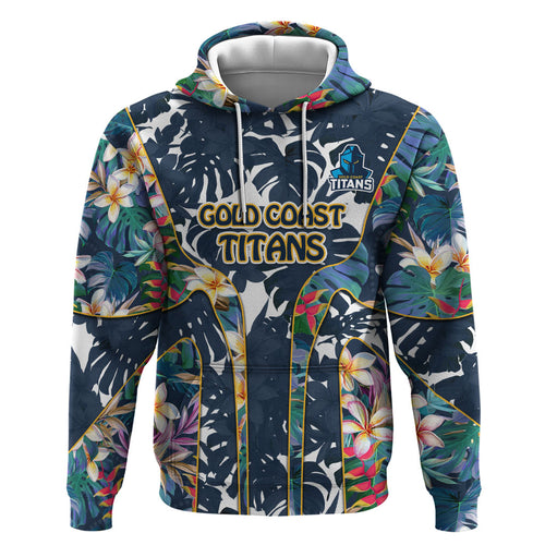Gold Coast Titans Hoodie Tropical Hibiscus Floral Pattern With Blue And Yellow Accents