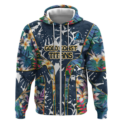 Gold Coast Titans Hoodie Tropical Hibiscus Floral Pattern With Blue And Yellow Accents