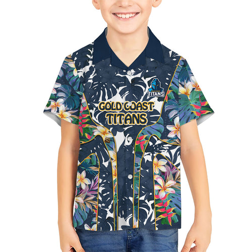 Gold Coast Titans Kid Hawaiian Shirt Tropical Hibiscus Floral Pattern With Blue And Yellow Accents