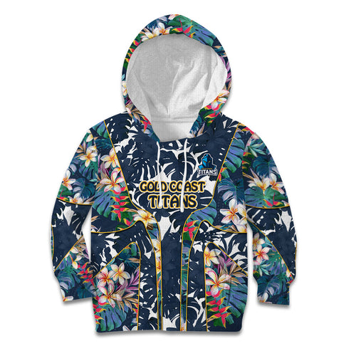 Gold Coast Titans Kid Hoodie Tropical Hibiscus Floral Pattern With Blue And Yellow Accents