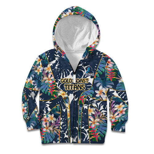 Gold Coast Titans Kid Hoodie Tropical Hibiscus Floral Pattern With Blue And Yellow Accents
