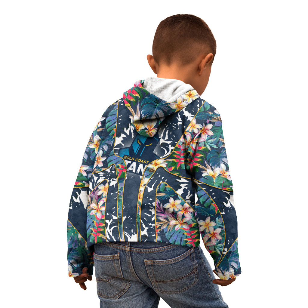Gold Coast Titans Kid Hoodie Tropical Hibiscus Floral Pattern With Blue And Yellow Accents