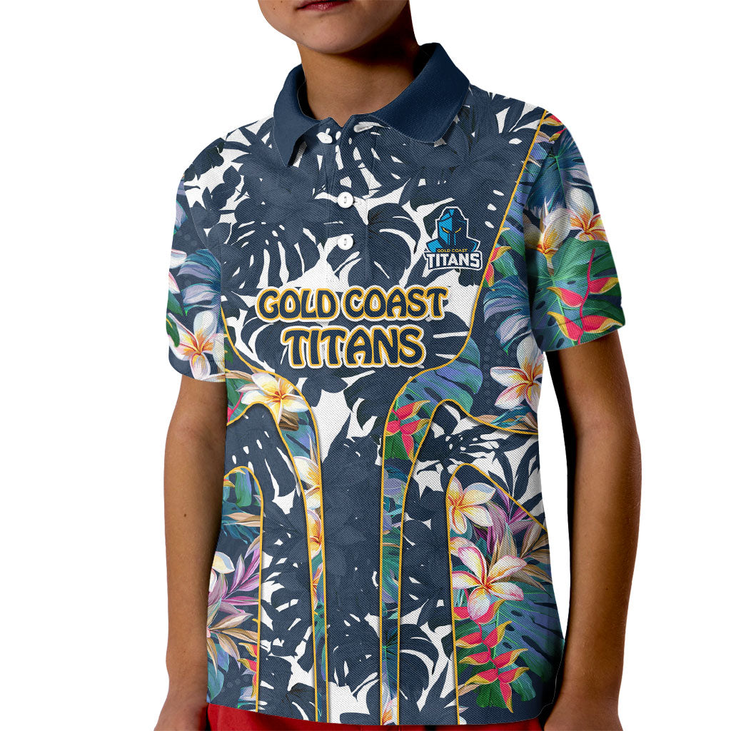 Gold Coast Titans Kid Polo Shirt Tropical Hibiscus Floral Pattern With Blue And Yellow Accents