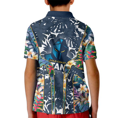 Gold Coast Titans Kid Polo Shirt Tropical Hibiscus Floral Pattern With Blue And Yellow Accents