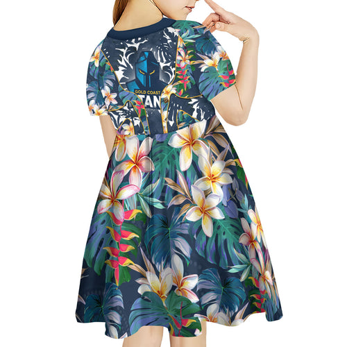 Gold Coast Titans Kid Short Sleeve Dress Tropical Hibiscus Floral Pattern With Blue And Yellow Accents
