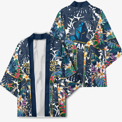 Gold Coast Titans Kimono Tropical Hibiscus Floral Pattern With Blue And Yellow Accents