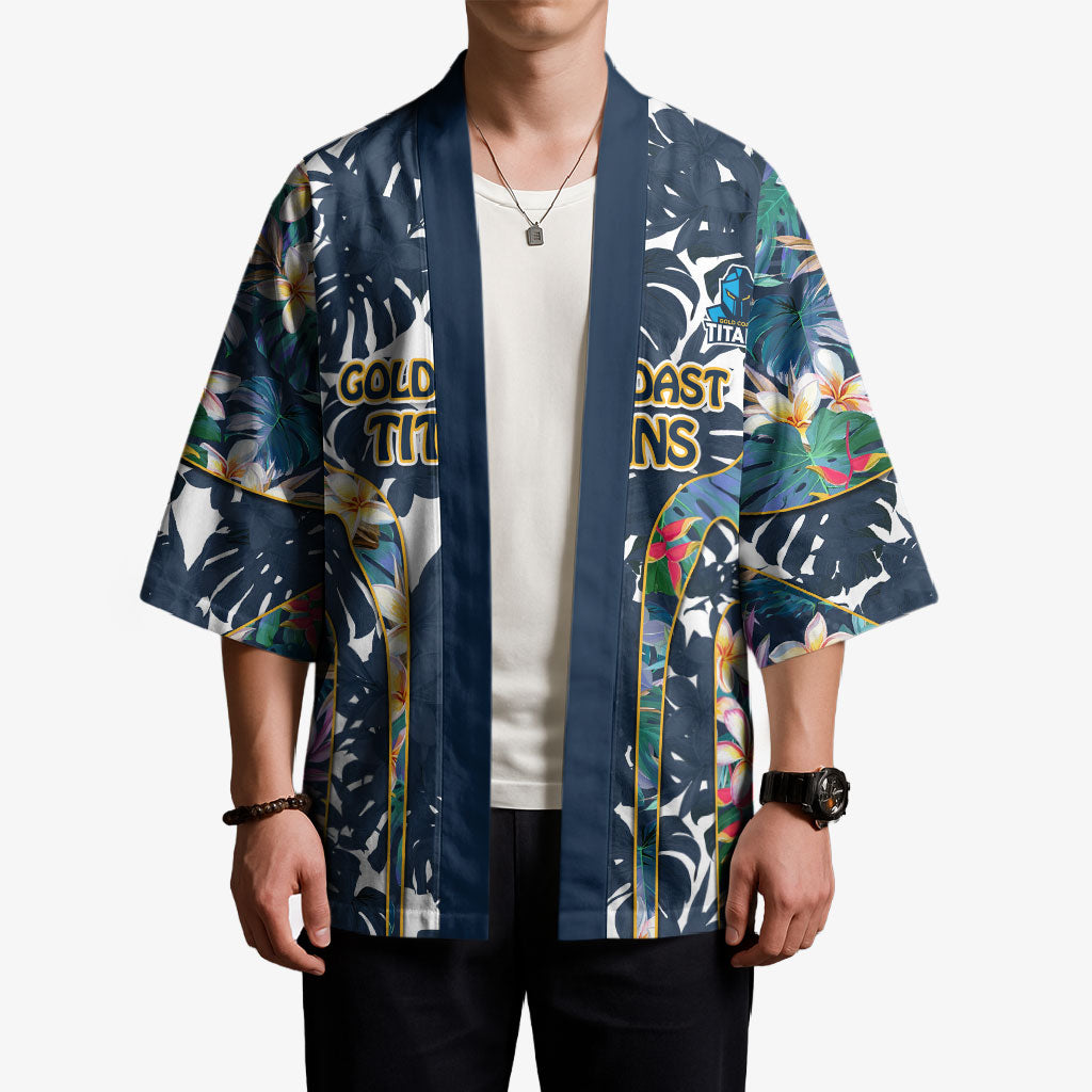 Gold Coast Titans Kimono Tropical Hibiscus Floral Pattern With Blue And Yellow Accents