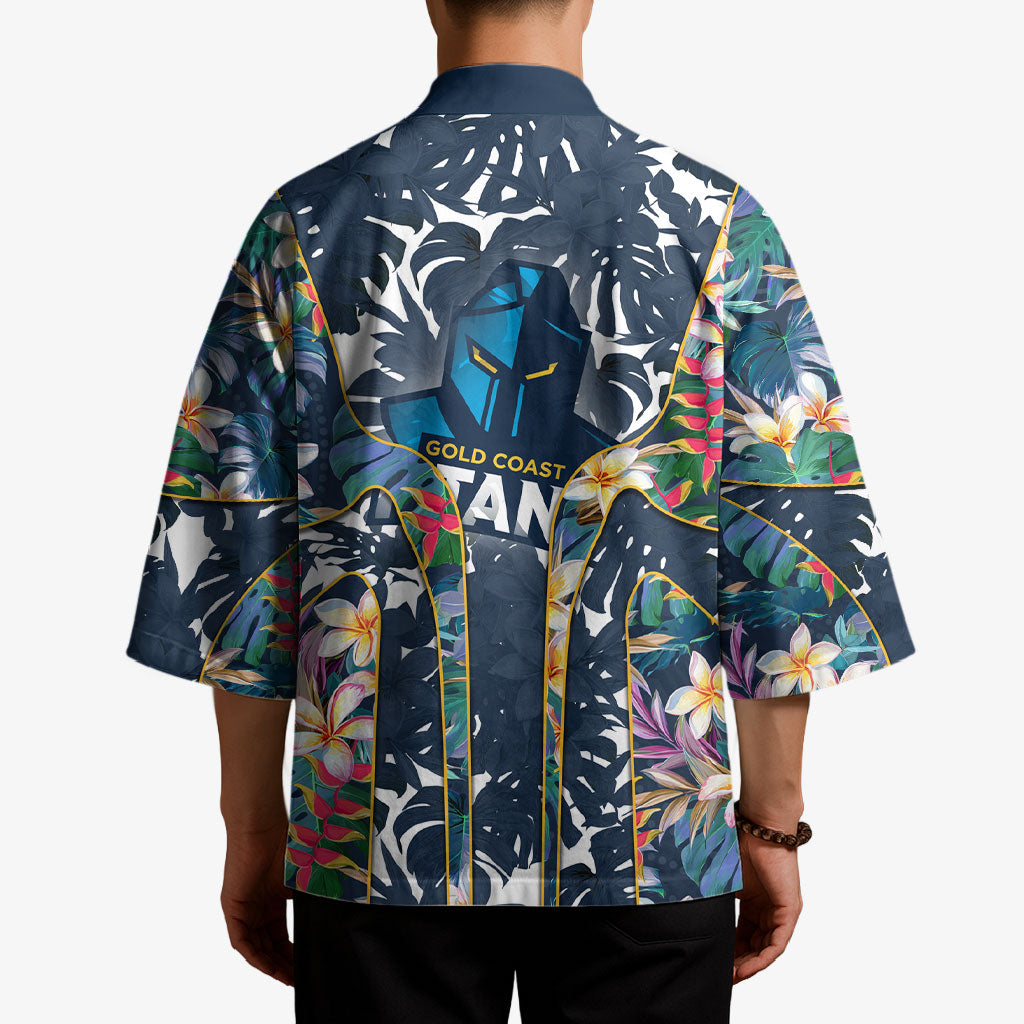 Gold Coast Titans Kimono Tropical Hibiscus Floral Pattern With Blue And Yellow Accents