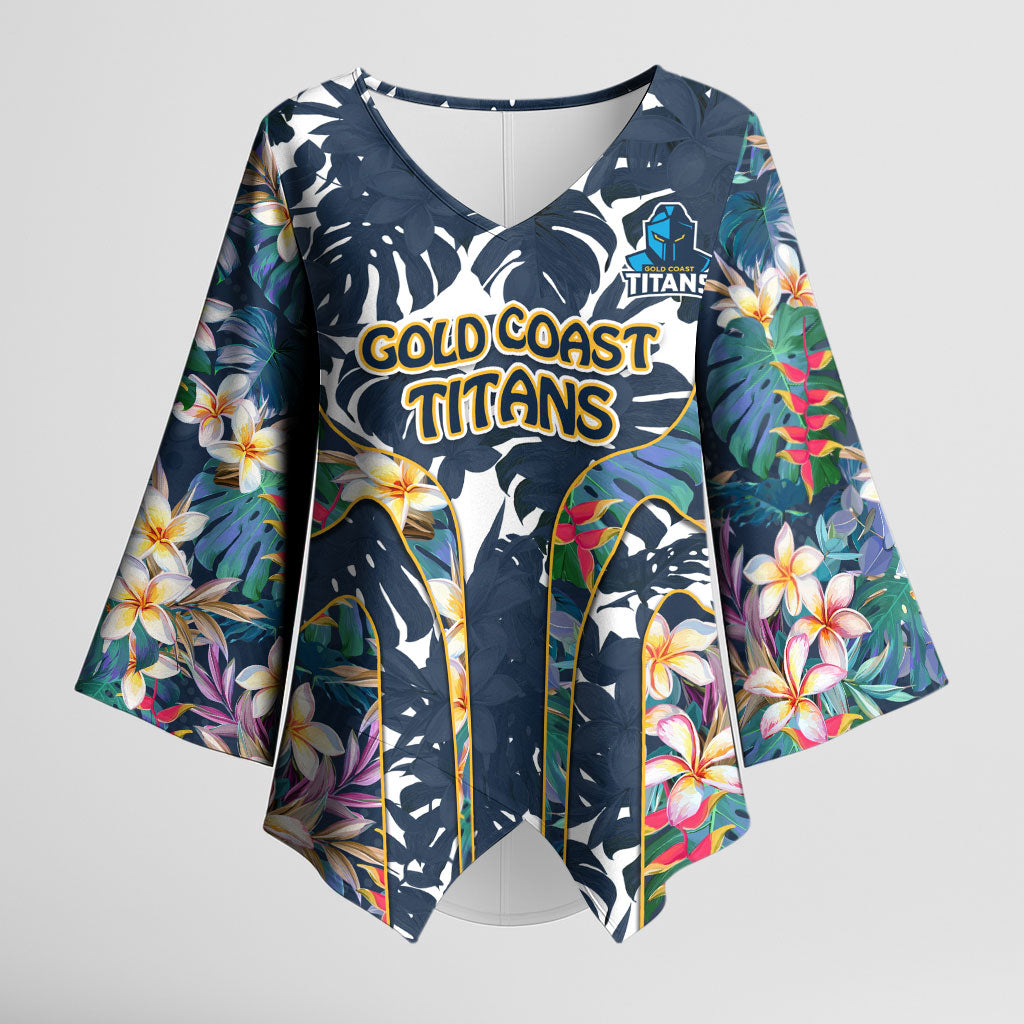 Gold Coast Titans Kimono Sleeve Blouse Tropical Hibiscus Floral Pattern With Blue And Yellow Accents