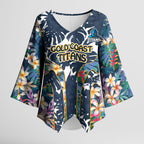 Gold Coast Titans Kimono Sleeve Blouse Tropical Hibiscus Floral Pattern With Blue And Yellow Accents