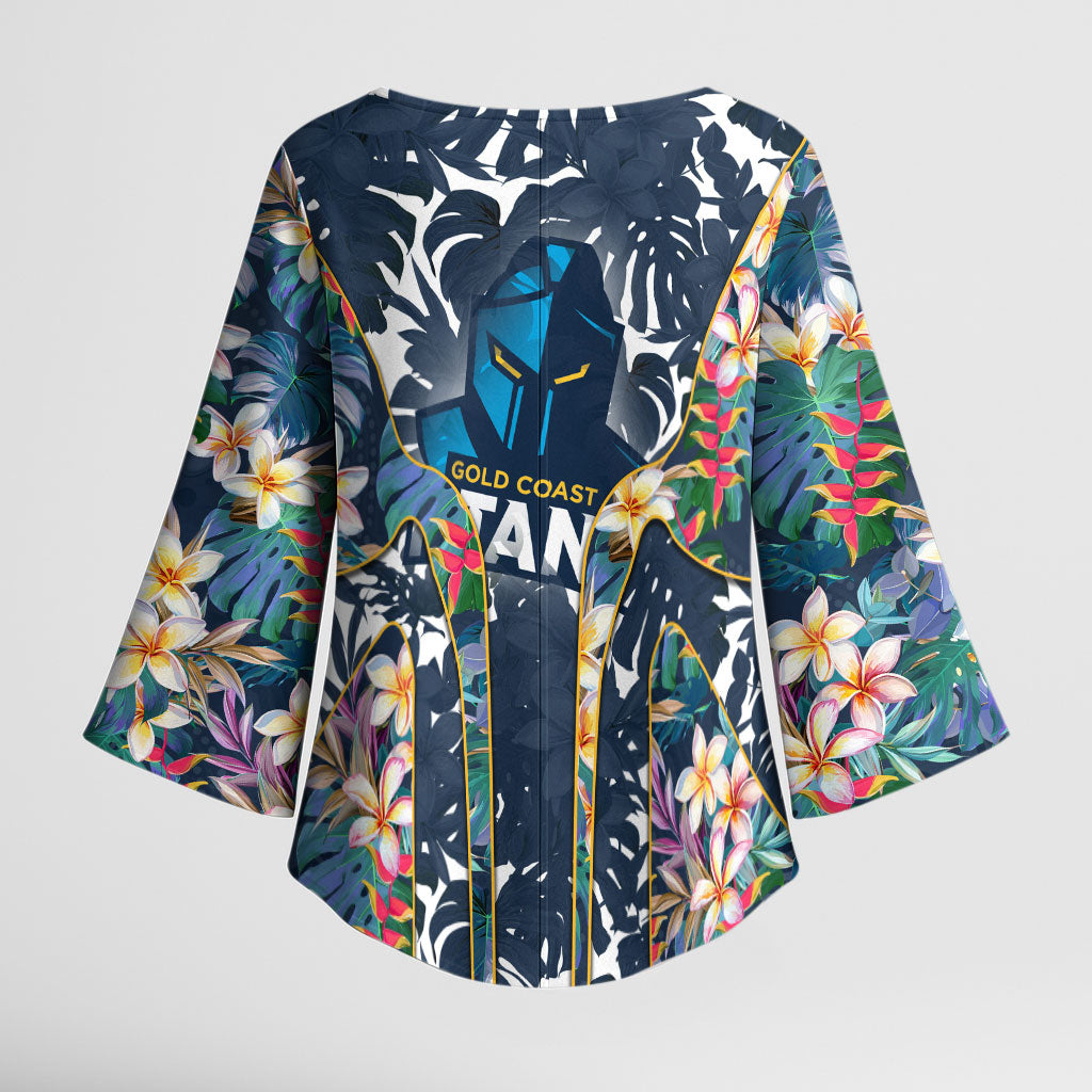 Gold Coast Titans Kimono Sleeve Blouse Tropical Hibiscus Floral Pattern With Blue And Yellow Accents