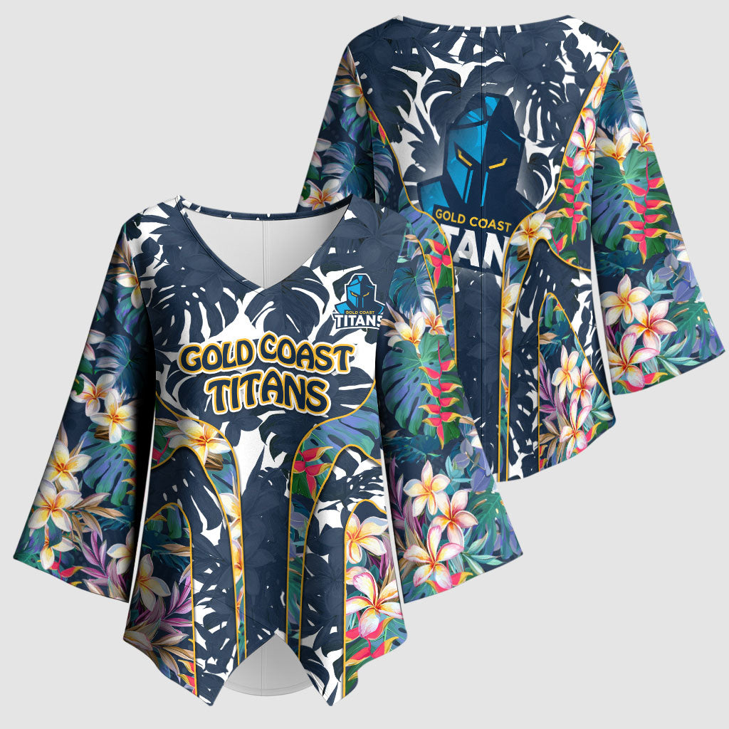 Gold Coast Titans Kimono Sleeve Blouse Tropical Hibiscus Floral Pattern With Blue And Yellow Accents