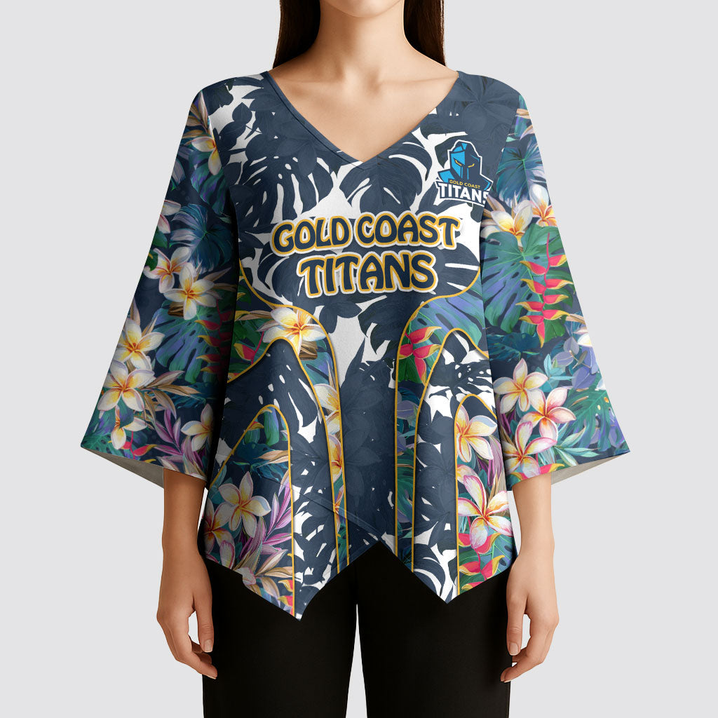 Gold Coast Titans Kimono Sleeve Blouse Tropical Hibiscus Floral Pattern With Blue And Yellow Accents