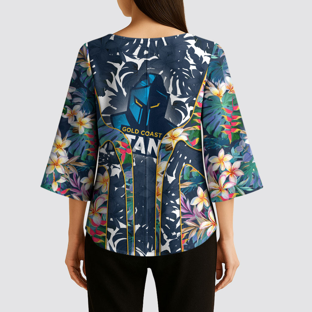 Gold Coast Titans Kimono Sleeve Blouse Tropical Hibiscus Floral Pattern With Blue And Yellow Accents