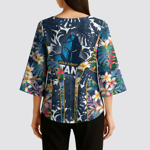 Gold Coast Titans Kimono Sleeve Blouse Tropical Hibiscus Floral Pattern With Blue And Yellow Accents