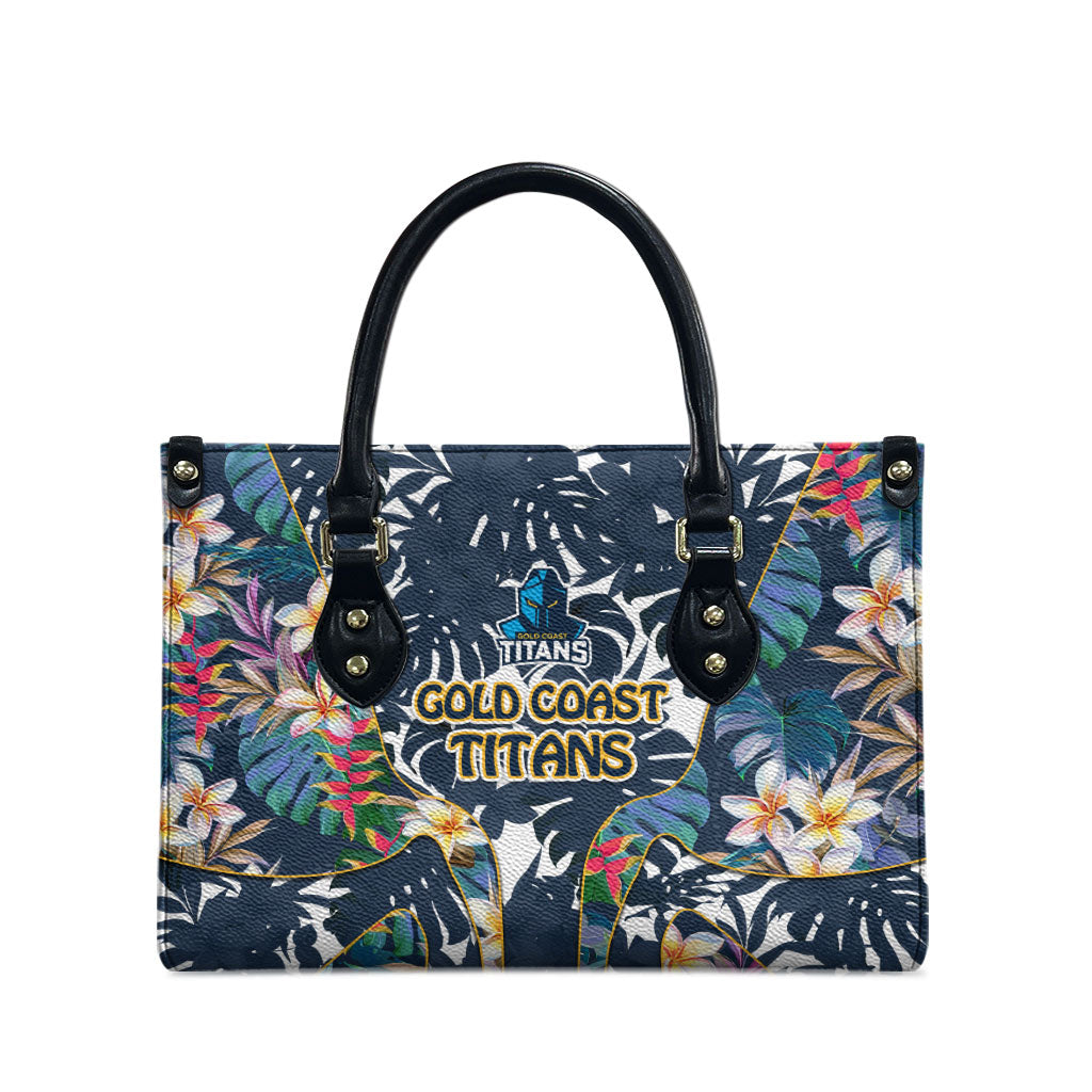 Gold Coast Titans Leather Bag Tropical Hibiscus Floral Pattern With Blue And Yellow Accents