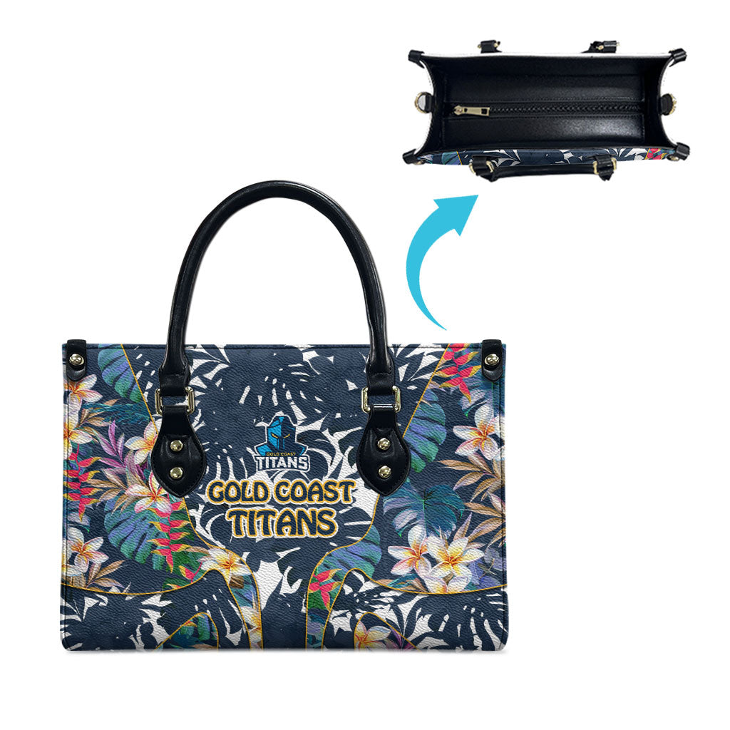 Gold Coast Titans Leather Bag Tropical Hibiscus Floral Pattern With Blue And Yellow Accents