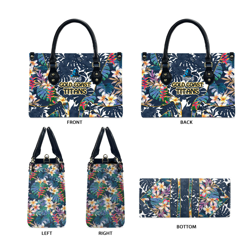 Gold Coast Titans Leather Bag Tropical Hibiscus Floral Pattern With Blue And Yellow Accents