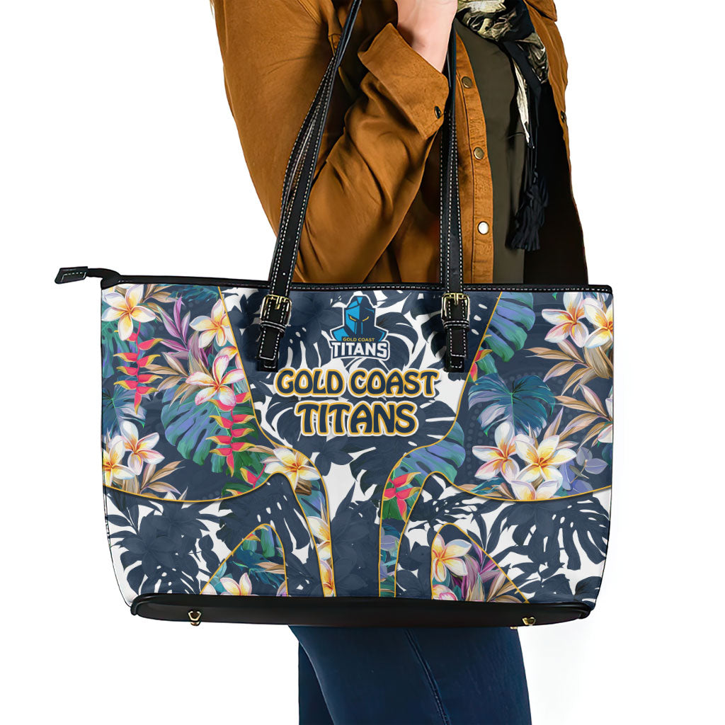 Gold Coast Titans Leather Tote Bag Tropical Hibiscus Floral Pattern With Blue And Yellow Accents