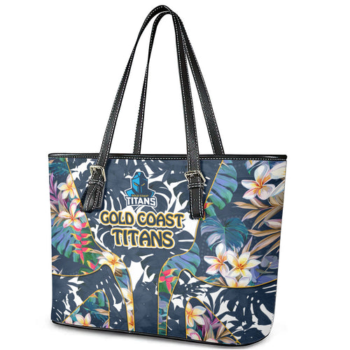 Gold Coast Titans Leather Tote Bag Tropical Hibiscus Floral Pattern With Blue And Yellow Accents