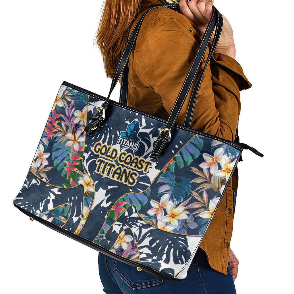 Gold Coast Titans Leather Tote Bag Tropical Hibiscus Floral Pattern With Blue And Yellow Accents